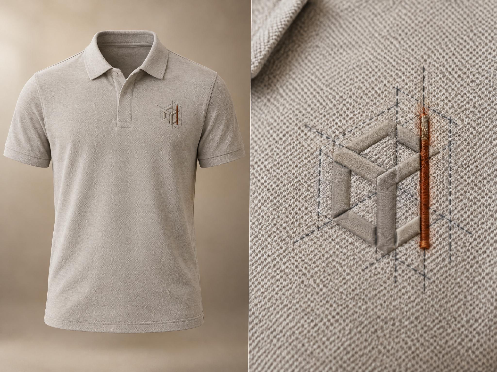 Nakış detayı — geometrik desen, bej polo yaka
